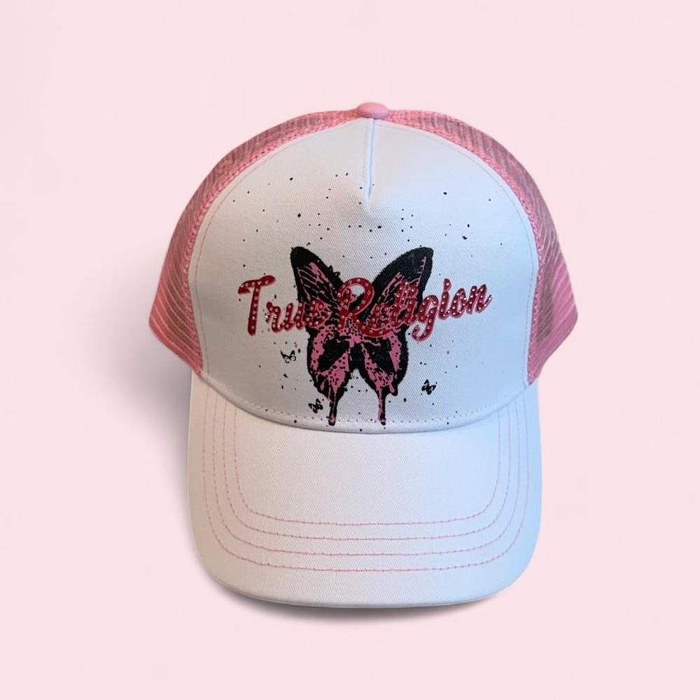 True Religion White and Pink Butterfly Trucker Hat